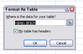 Dialog asking what range of cells has to be converted to a table