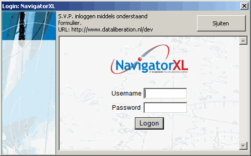 NavigatorXL Inlog scherm