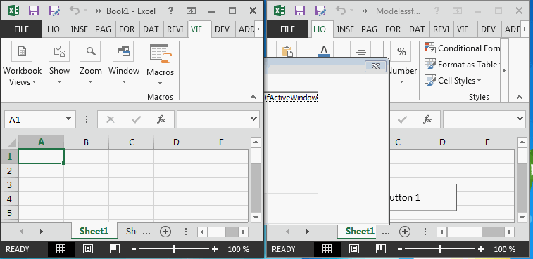 Excel 2013 showing two workbooks, userform called from left-most workbook (right-most workbook is active)