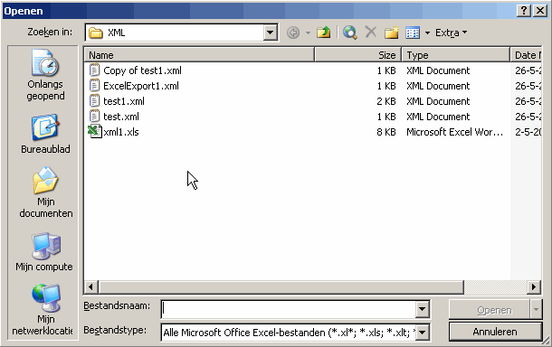 Het Bestand Openen venster van Excel 2003