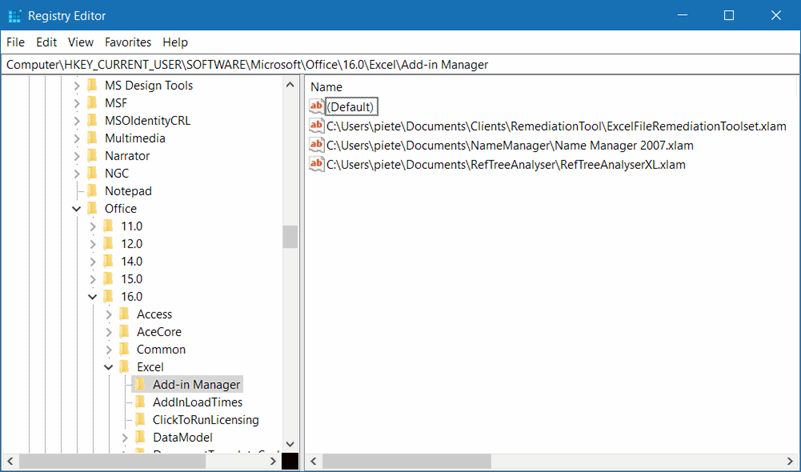 Registry with Excel's list of add-ins