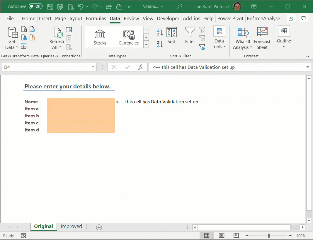Excel: Creating a user-friendly Data Validation in Excel Displaying help  out of the way