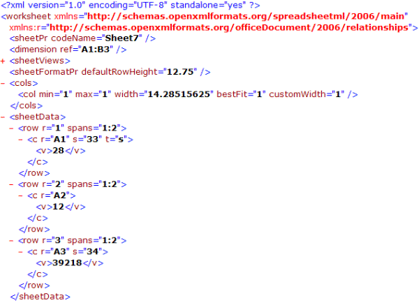 XML in sheet7.xml (irrelevant part collapsed) showing cells A1, A2 and A3
