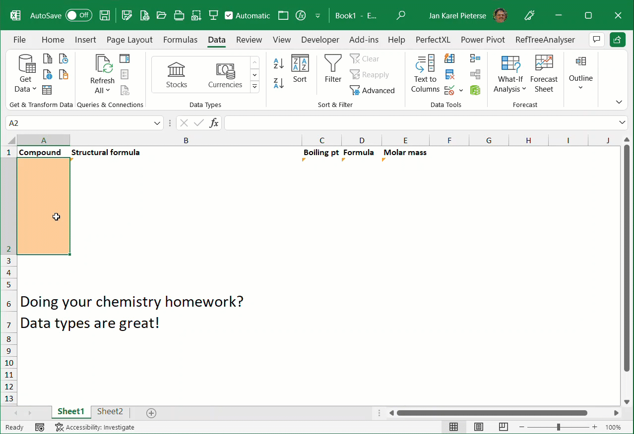 Video showing Excel Chemistry data types