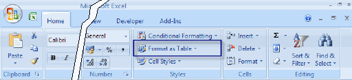 Format as Table button on the Styles group of the Home tab