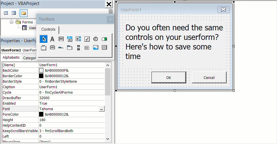 You can save (sets of) controls in the VBA Editors toolbox