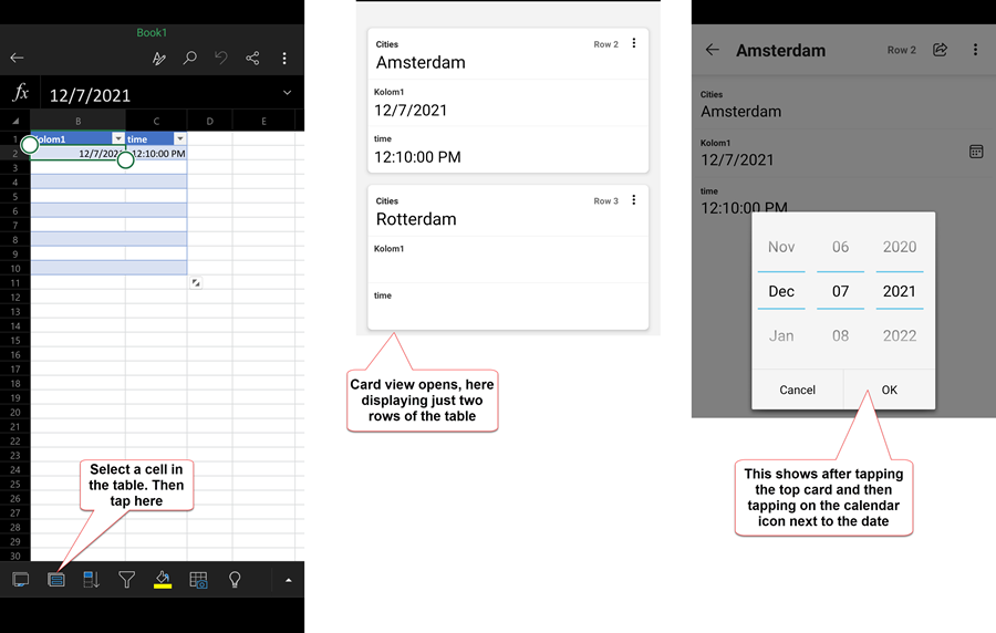 Editing in Excel for Android is a lot easier with a table in Card view
