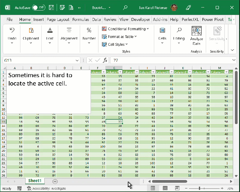 Excel invoegtoepassing; waar is de actieve cel