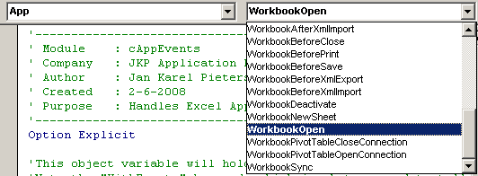 The events dropdown at the top of the code window