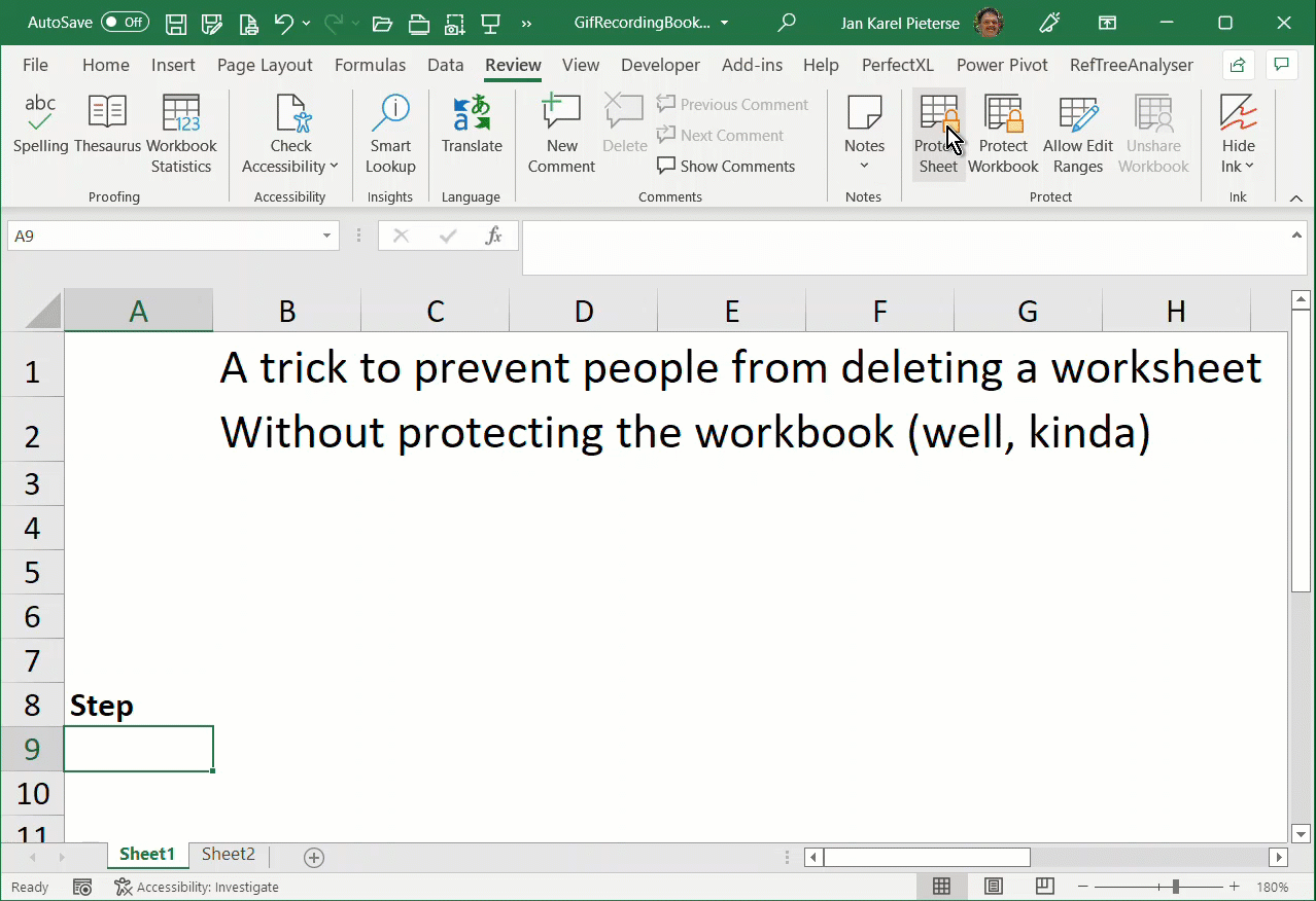 Video showing how prevent deleting a worksheet using VBA