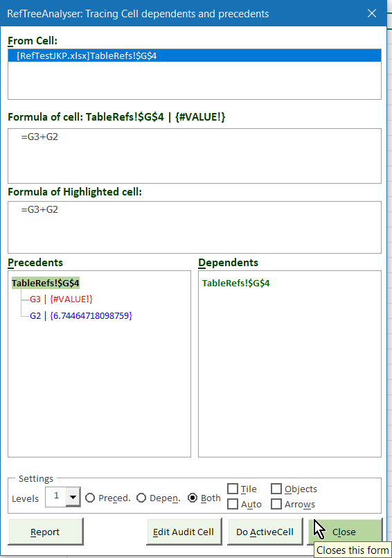 Screenshot of RefTreeAnalyser, the ultimate Excel formula auditing tool.