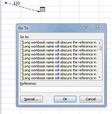 Excel goto dialog showing off-sheet references which are hard to read