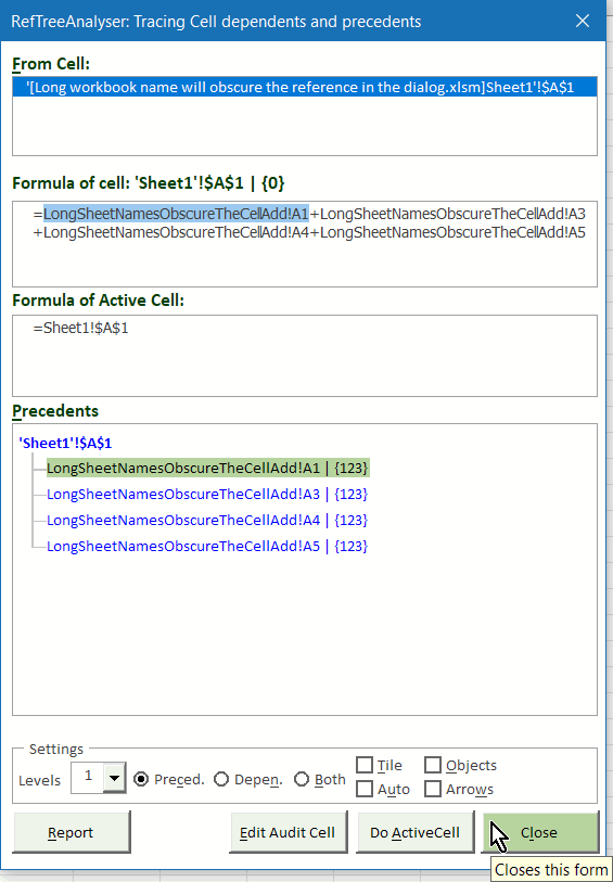 RefTreeAnalyser showing a formula with long sheetnames, easier to read