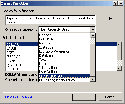 The Insert function dialog showing a custom category