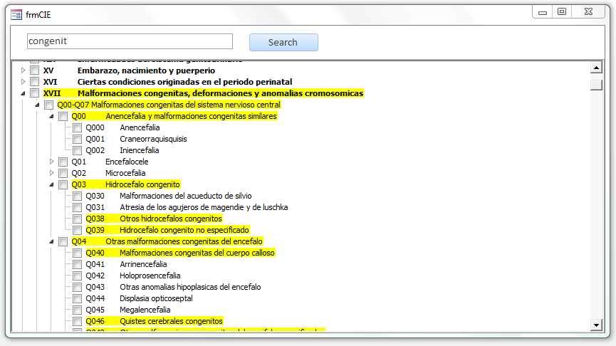 Treeview showing Spanish Diseases classifications