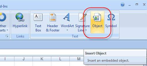 Insert Object button on the ribbon