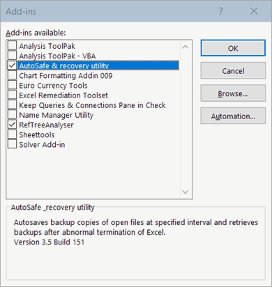 The Excel add-ins dialog