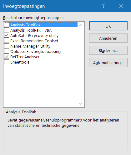 Add-ins dialog of Excel