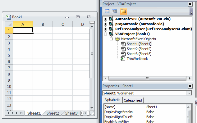 A new Excel workbook and its VBA project in the project explorer