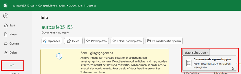 Geavanceerde eigenschappen van een Excel bestand