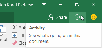 The Activity button below Excel's close box
