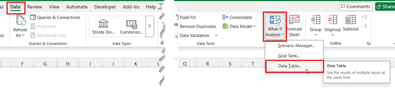 Location of Data Table button on Excel ribbon