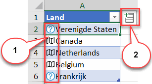 Excel voegt een icoontje toe aan de landen