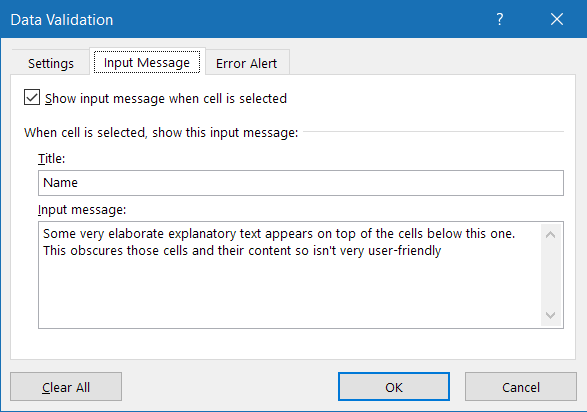Input Message tab of Data Validation