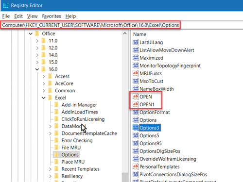 OPEN entries in Excels registry settings tree