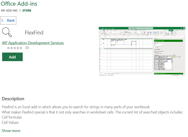 Flexfind add-in for Excel as shown in the Office add-ins store