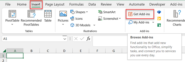 Excel Insert tab with the Get Add-ins button
