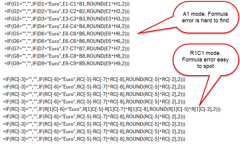 Detecting formula differences by using R1C1 mode