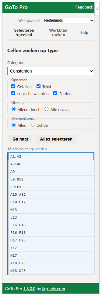 Excel displaying the GoTo Pro task pane with the Go To Special page