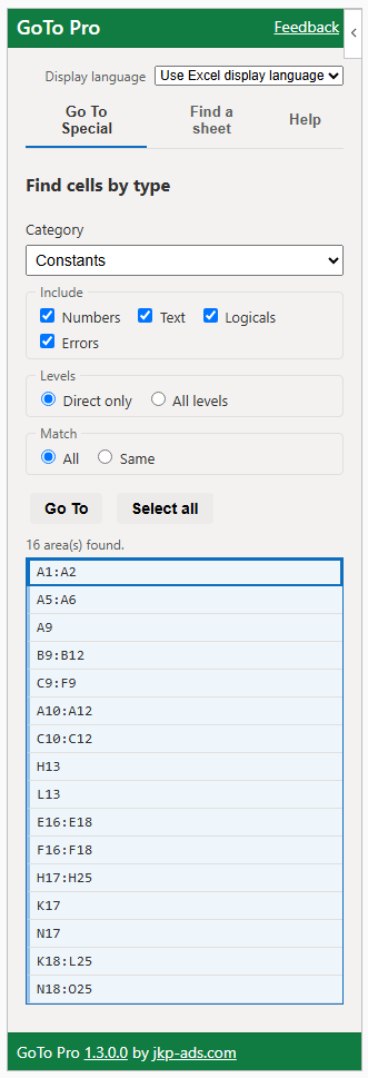 Excel displaying the GoTo Pro task pane with the Go To Special page