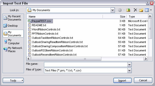Import text file dialog