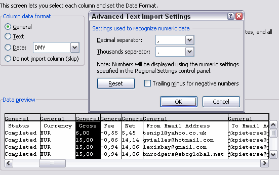 The Advanced text Import Settings dialog