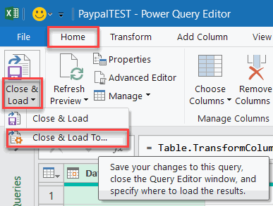 The PowerQuery window close and load