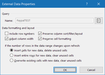 The data range properties dialog