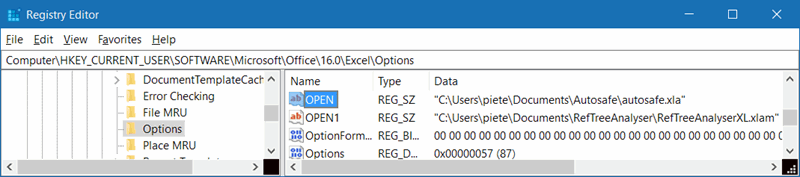 Registry showing Excel's installed Add-ins