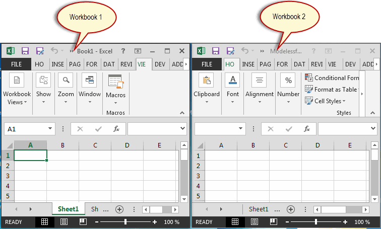 Excel 2013 showing two workbooks in two virtually separate Excel windows