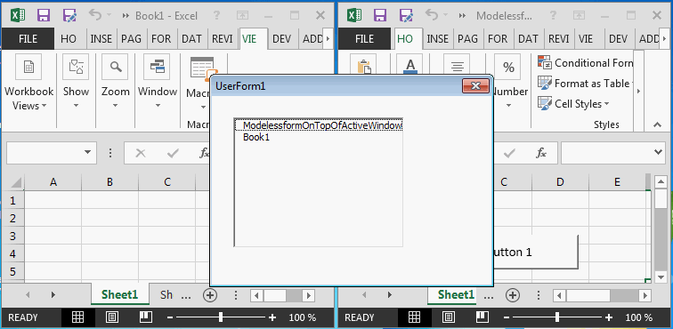 Excel 2013 showing two workbooks, userform called from left-most workbook (active workbook)