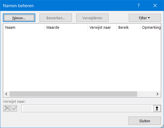 Excel's venster Namen Beheren