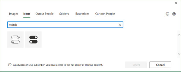 The Insert Icon window of Excel after searching for Switch