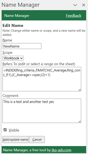 Name Manager add-in for Excel, edit name
