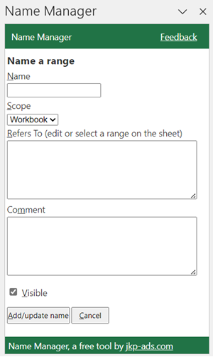 Name Manager add-in for Excel, add name