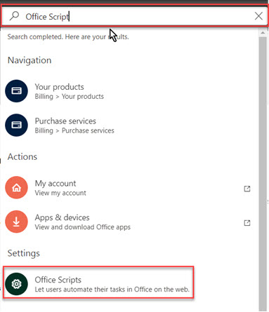 Microsoft 365 Admin Center Search box with Office Scripts
