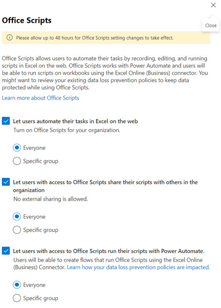Microsoft 365 Admin Center Office Scripts settings