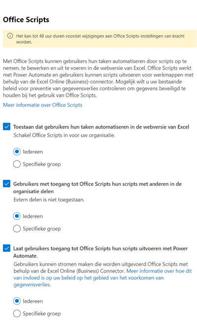 Microsoft 365 Beheercentrum Office Script instellingen