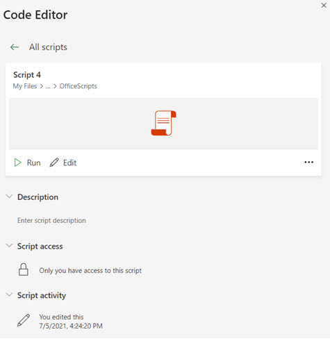 The Code Editor Pane in Excel on-line