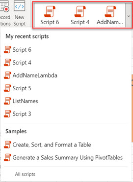 Recent Scripts gallery in Excel on-line